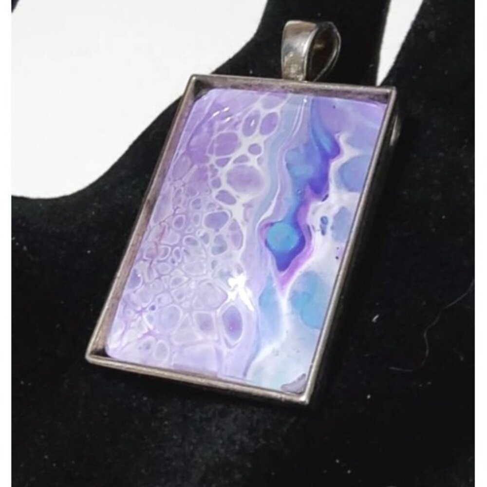 Handmade Rectangular Pendant With Abstract Purple & Blue Design In Silver-Tone F